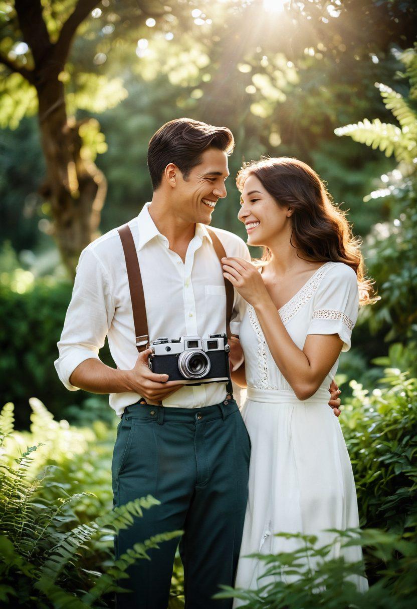 A serene outdoor setting capturing a couple in a genuine moment of laughter, surrounded by lush greenery and soft sunlight. The scene should include a vintage camera in the foreground, symbolizing the art of photography, while a dreamy bokeh effect enhances the intimate atmosphere. Emphasize warmth, emotion, and the beauty of connection. super-realistic. vibrant colors. soft focus.