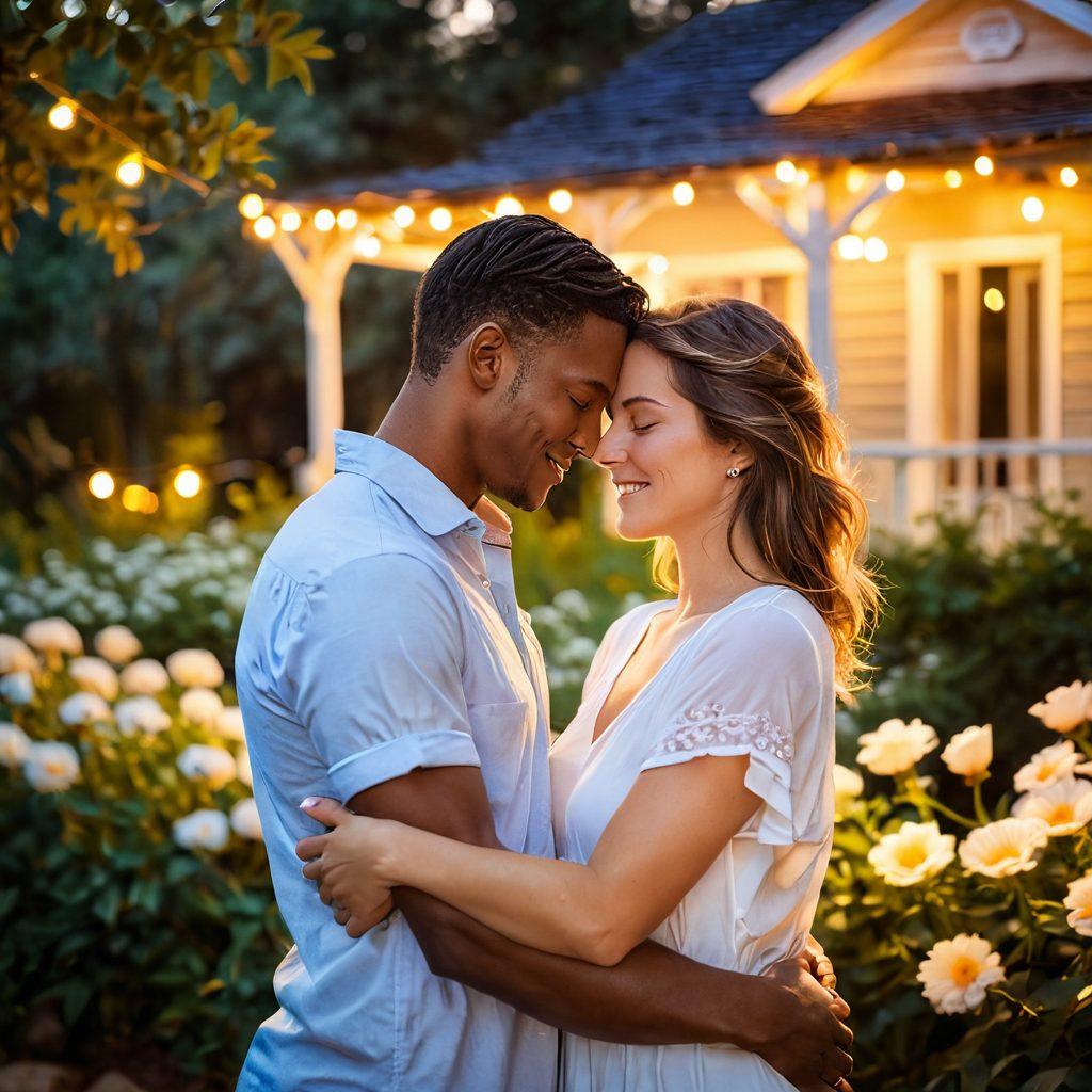 A warm, intimate scene featuring a couple in a loving embrace, surrounded by soft glowing lights and nature elements like blooming flowers and gentle breezes. Capture the essence of joy and connection with a photographer capturing the moment in the foreground, while focusing on emotional expressions. The background should have a dreamy sunset to enhance the romantic atmosphere. super-realistic. vibrant colors. soft focus.