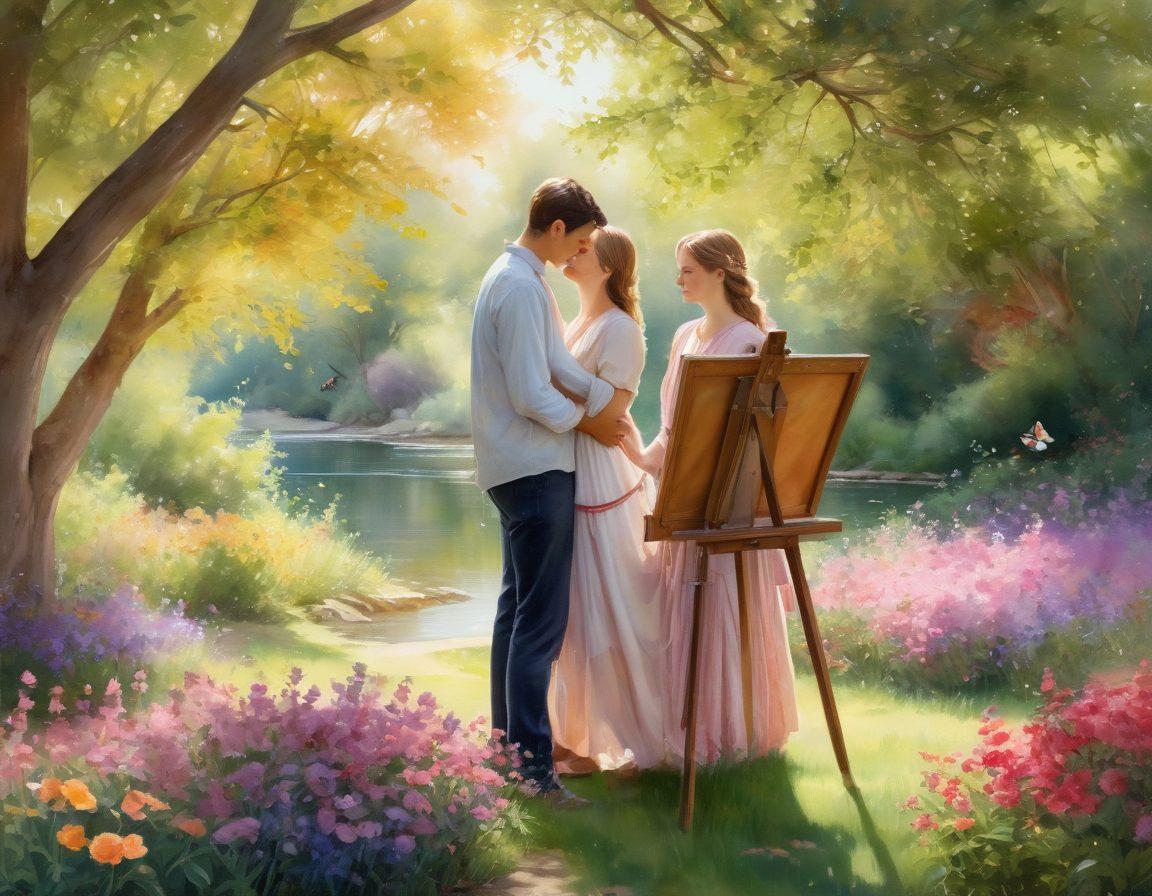 A romantic scene depicting a couple in a serene park, surrounded by blooming flowers and soft sunlight, capturing their intimate moment. Include an artist's easel with a half-painted portrait of them, vibrant colors reflecting their passion and love. The background showcases a dreamy landscape with fluttering butterflies and gentle shadows. soft focus. watercolors. vibrant colors.